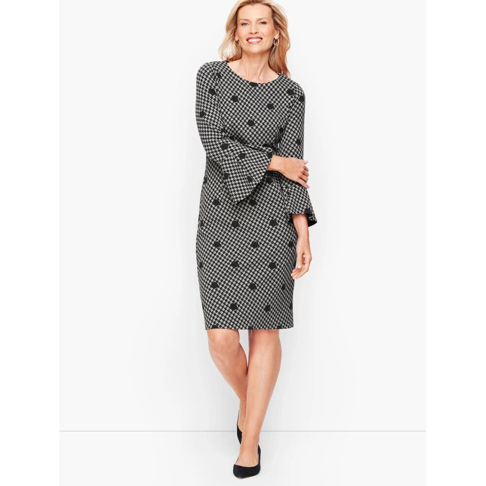TALBOTS Gray Polka Dot Houndstooth Flare Sleeve Sheath Dress SIZE 2P 2 PETITE